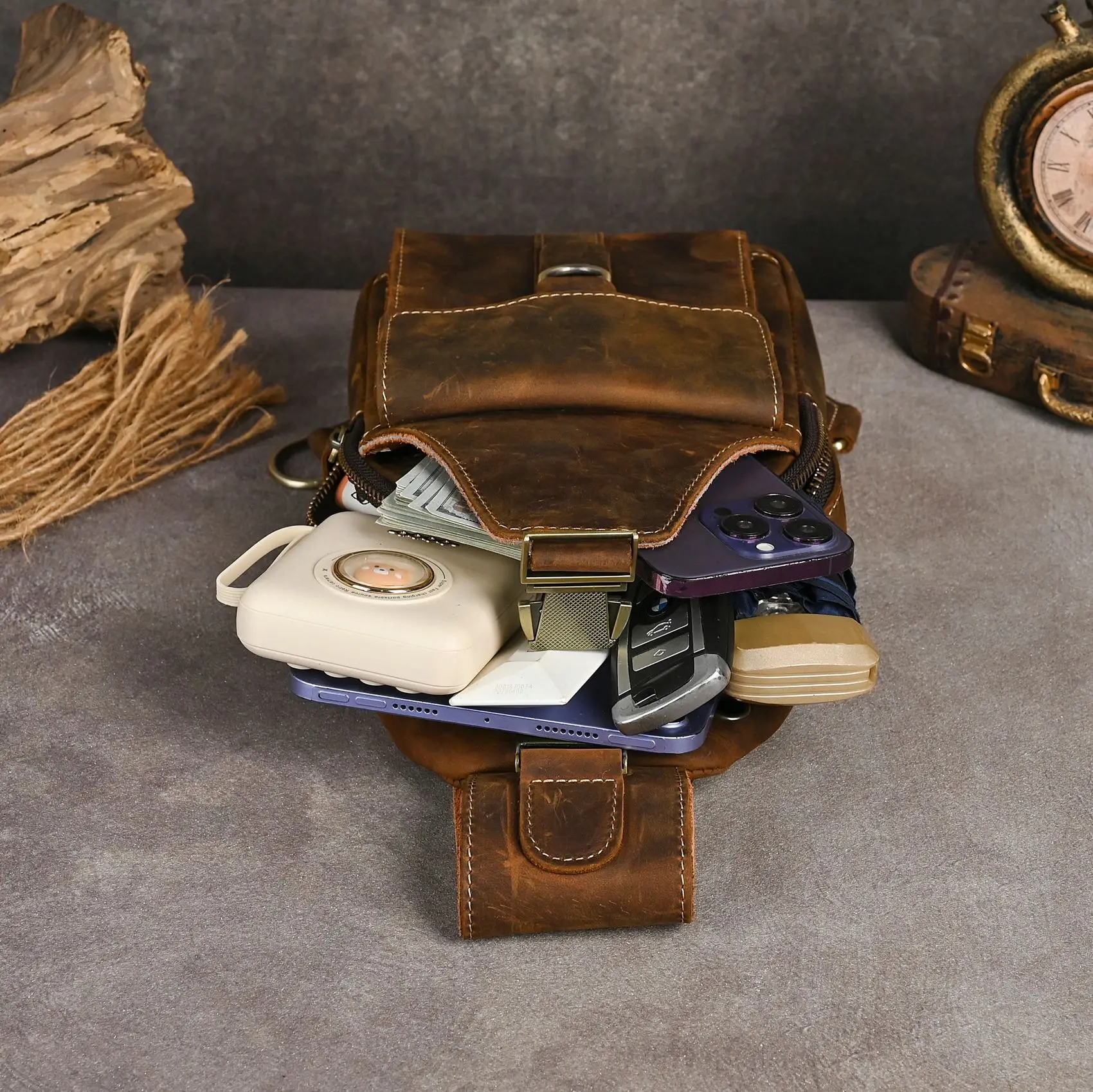 

Мужские кожаные нагрудные сумки Crazy Horse, винтажные многокарманные сумки через плечо 8 дюймов, мужские дорожные поясные сумки