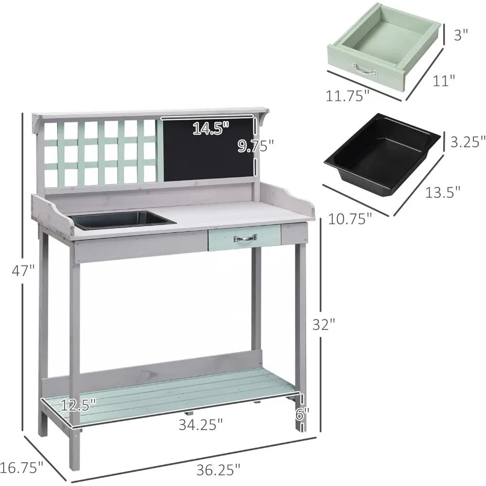 Mesa de banco de madera para exteriores con fregadero extraíble, banco de trabajo de jardín con pizarra, cajón, almacenamiento de estante abierto, gris claro