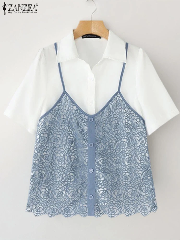 

ZANZEA Lace T-Shirts Women Summer Tops 2025 Fashion Tunic Elegant Lapel Neck Shirts Casual Loose Patchwork Pullovers Oversized