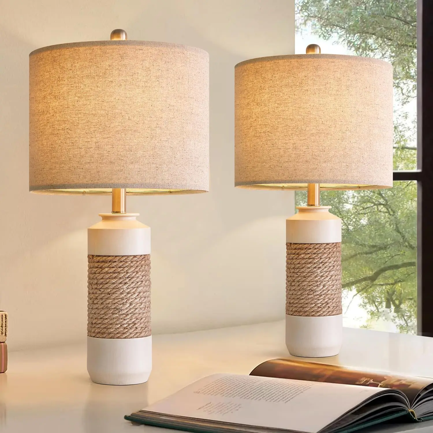

US Shipping Vintage Farmhouse Rattan Table Lamp Set of 2 for Bedside, Antique White Resin Nightstand Lamps for Living Room