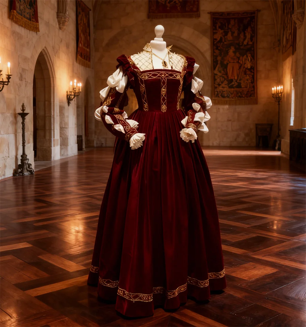 Historisches 15./16. Jahrhundert Italienisches Renaissance-Borgia-Kostüm Rotes Samtkleid Mittelalterliches Vintage Ren Faire Königinnen-Ballkleid