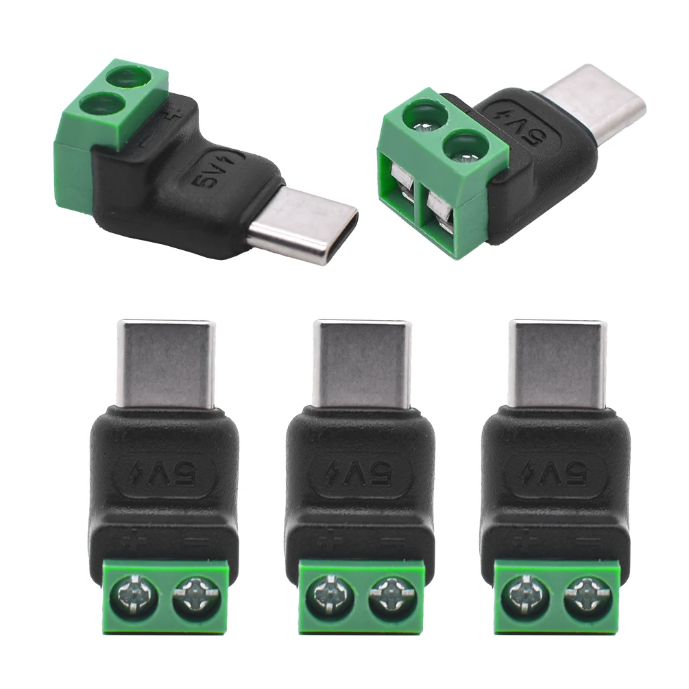 5PCS Type C to 2 Pin Adapter - No Solder Quick Connect Green Terminal for Charging Cable (Phones, Power Bank) DIY Electronics