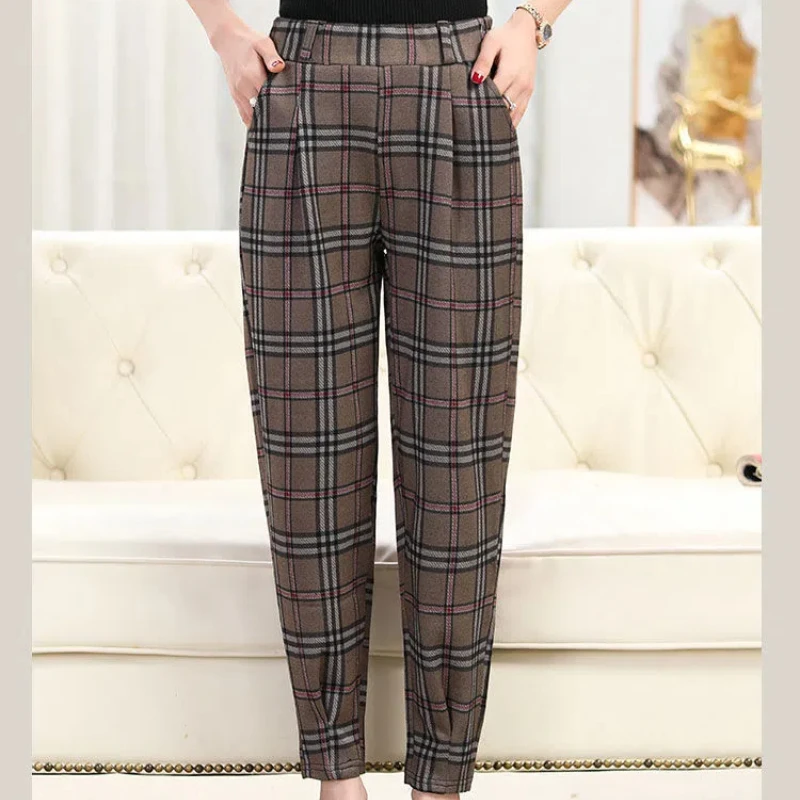 New Spring and Autumn Women\'s Style High Waist Elastic Loose Plaid Classic Harem Pants Fashion Casual Comfortable Trousers