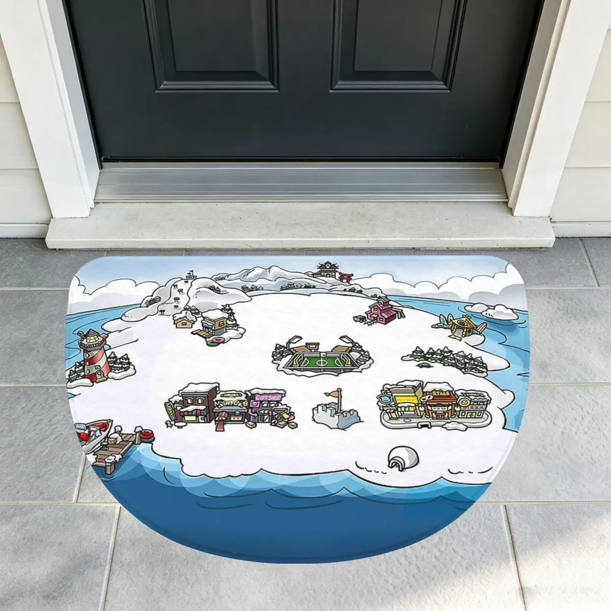 Коврик Club Penguin Map из мягкой фланели, полукруглый, нескользящий, впитывающий, для ванной комнаты, спальни и дома.