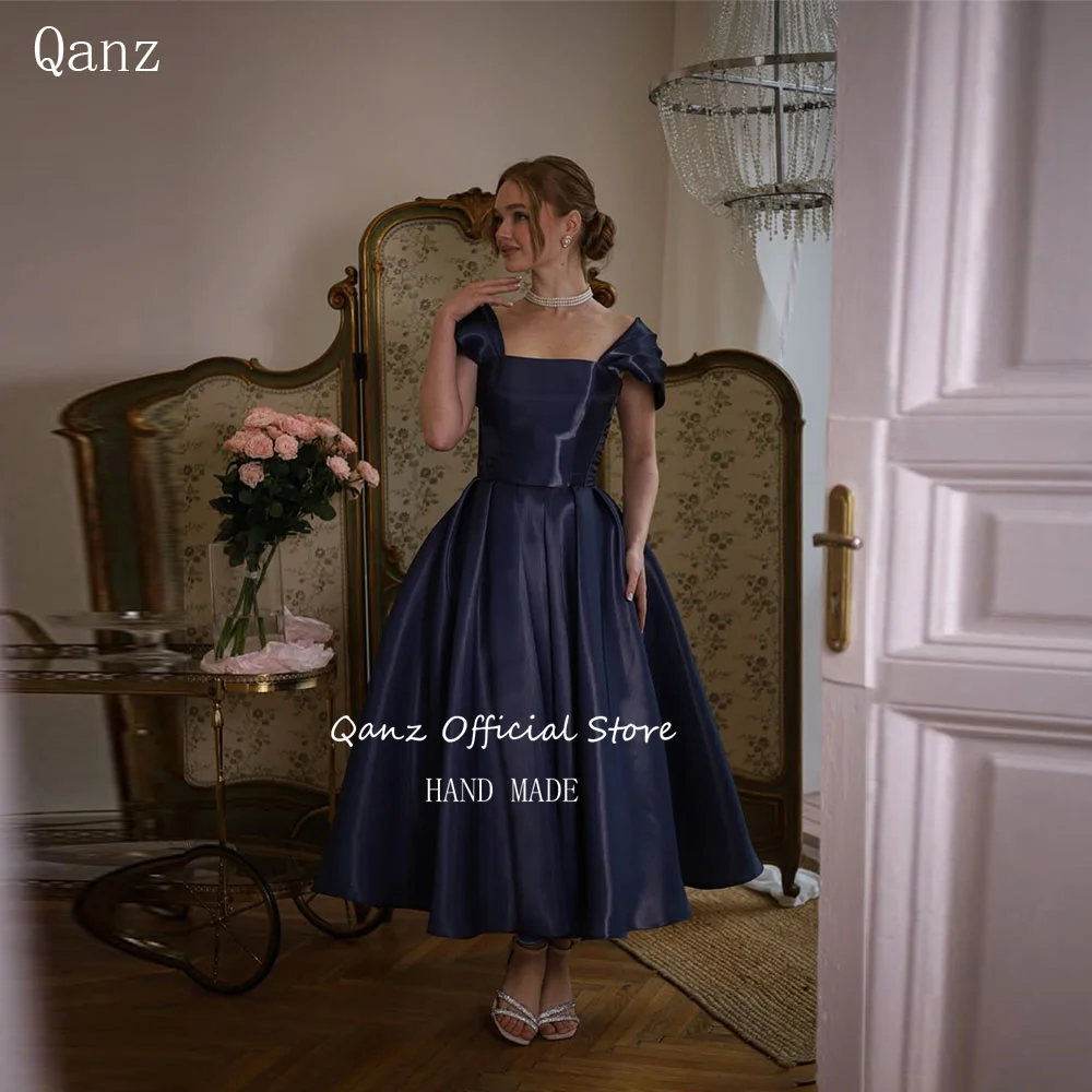 

Qanz Navy Blue Satin Evening Dresses Off The Shoulder Backless Tea Length Backless Vestidos De Fiesta Robes De Soirée Customized