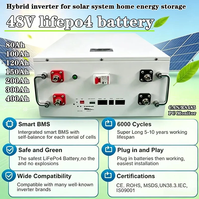 Batterie Lithium LiFePO4 48V 100AH 120Ah 200AH 150Ah 300Ah 400AH pack bluetooth App BMS for Solar system hybrid inverter