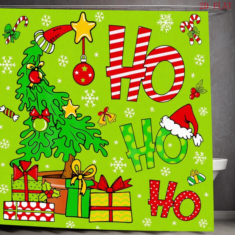 New in 2026 2D Flat, 1pc, Bright Green Background HoHoHo Christmas 2D Printed Shower Curtain. Christmas Decoration, Bathroom Shower Curtain, Perfect for Bathroom Decor, A Great Gift for Christmas 2027 And Halloween., 2D Flat