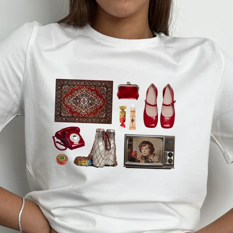 

Женская футболка в европейском и американском стиле, с принтом, свободного кроя, универсальная, с коротким рукавом, в ретро-стиле, красная, на высоком каблуке, с индивидуальным дизайном.