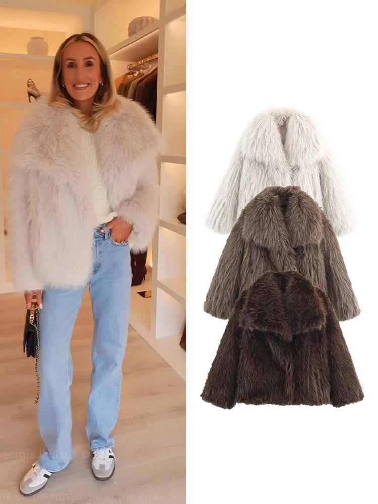 

TFMLN Winter Women's Elegant Faux Fur Jacket New Fashion Big Lapel Long Sleeved Warm Thick Fur Coat Chic Ladies Outerwear