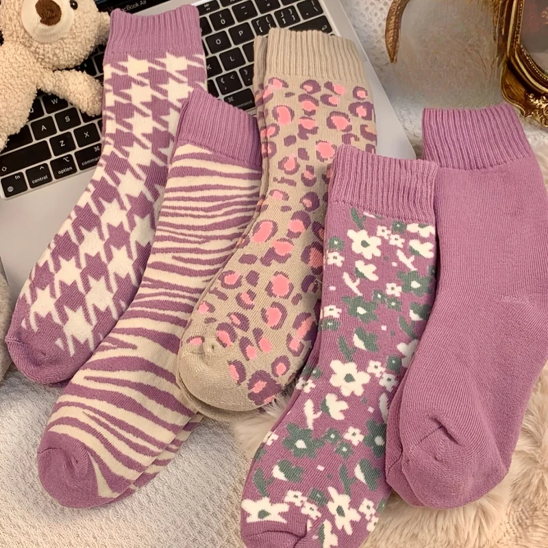 Mixed Color Random 3-Pair Winter Thickened -Lined Purple Series Women's Mid-Calf Socks for Sleeping, Warmth, Autumn and Winter