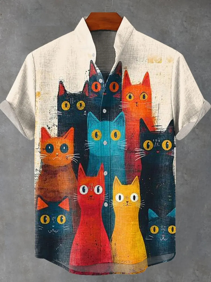 2025 Men's New Cat Linen Short Sleeve with Summer Comfortable Fabric Button Top Fantasy Cat Pattern Print - Image 2
