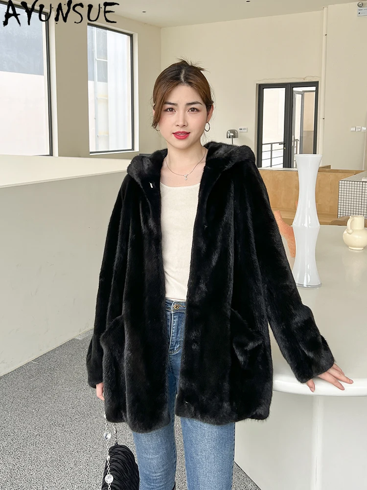 AYUNSUE سترة فرو المنك المخملية الطبيعية امرأة مقنعين الفاخرة كله المنك الشتاء سترة للمرأة الملابس عالية الجودة كوفتا С ميخيم