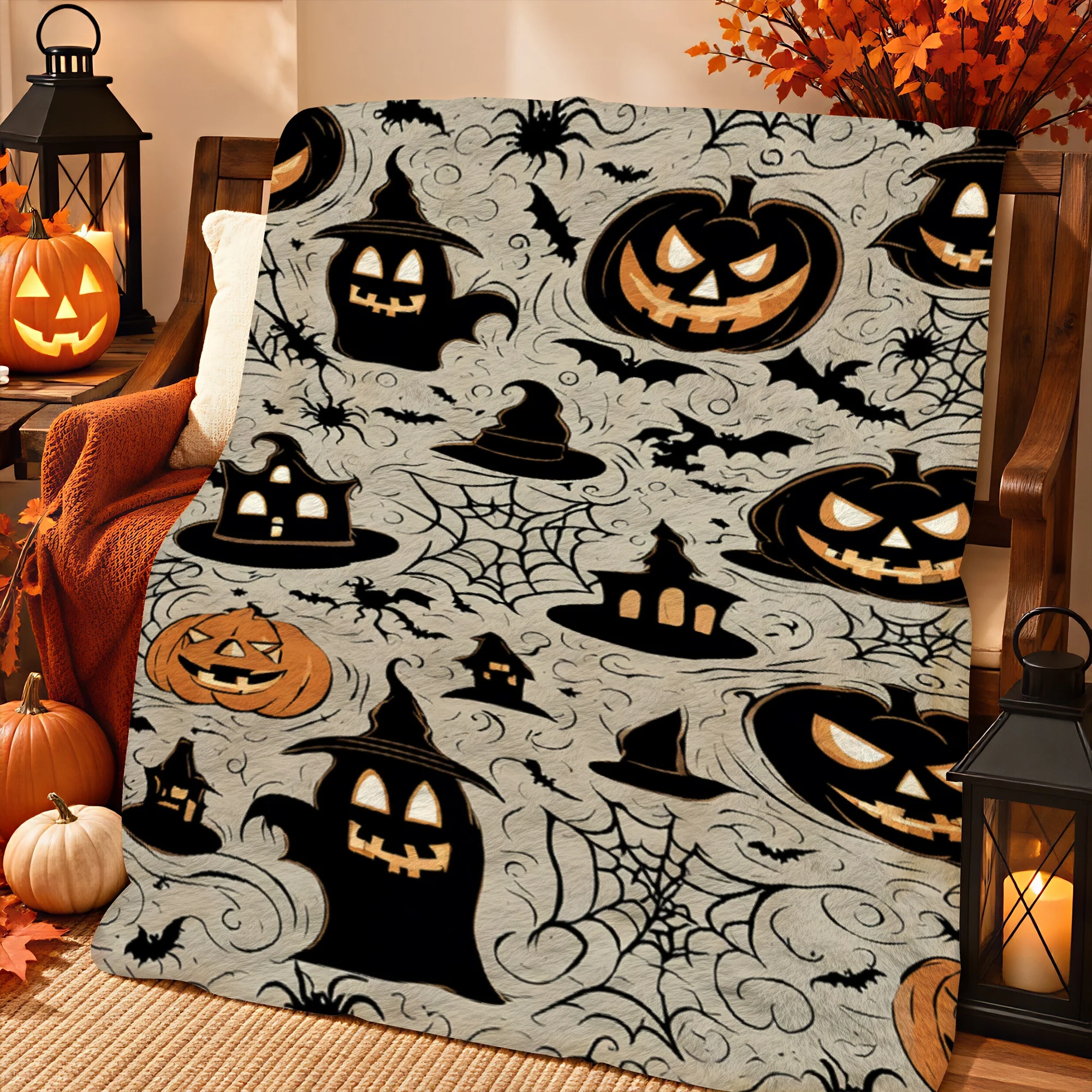 1pc 2D Printed Halloween Throw Blanket Jack O Lanterns Ghosts Witches Hats Spiderwebs Bats Haunted Houses Gray Background Soft W