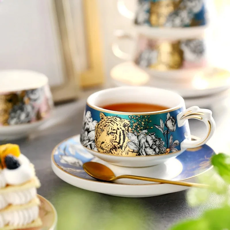 Fierce Tiger Pattern Porcelain Cup&saucer Exquisite Coffee Mug Dining Table Milk Mugs Afternoon Tea Teacup Fruits Juice Cup
