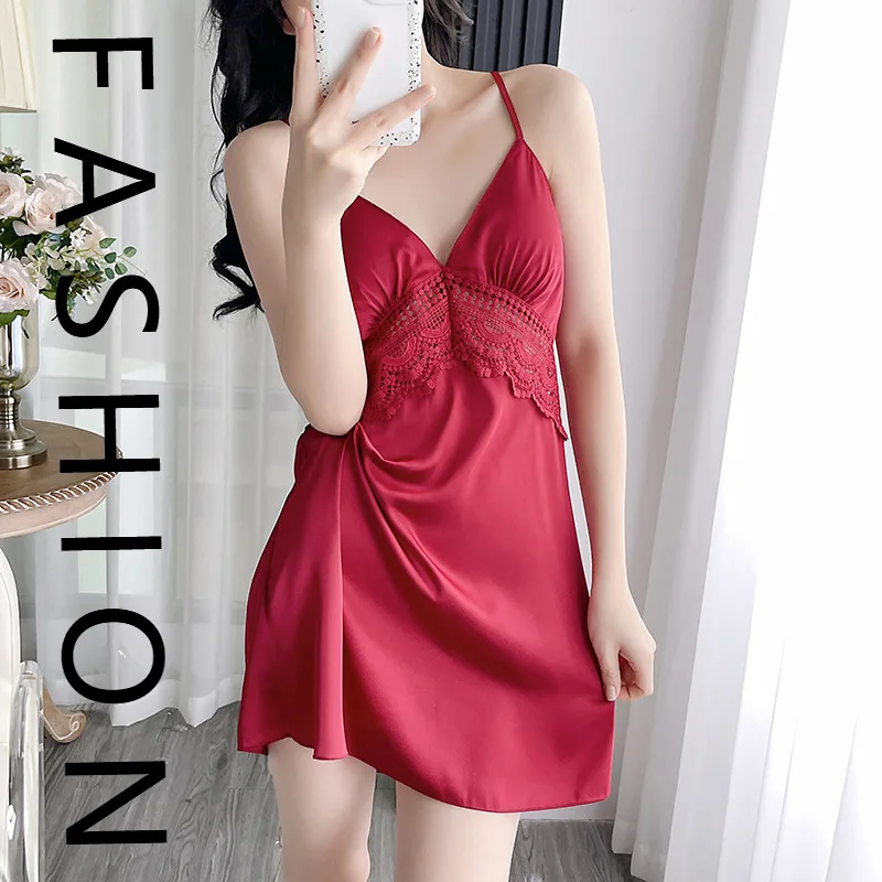 

Пижамы женские летние из ледяного шелка, элитные пижамы, летние пижамы из чистого желания, сексуальное кружевное v-образное галстук, нагрудная подушечка, юбка на подтяжках, новинка