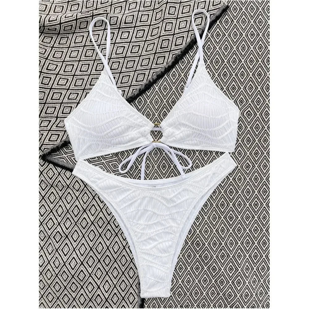 Sexy Jacquard Sling Bikini String Lace Up Backless Swimsuit Woman White Swimwear Ring Beach Outfit Bathing Suit Biquini Feminino