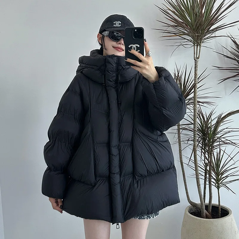 Puff Down Jacket Female Winter New Thickened White Duck Down Warm Coat Hooded Medium-length Loose Solid Color Fashion Jacket