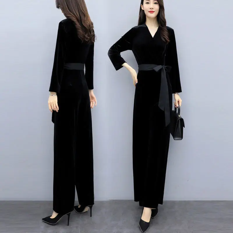 2022 New Style Jumpsuit Women's Autumn Slim Fit Velvet Jumpsuit Wide Leg Pants Belt Decoration Black Women's Wear