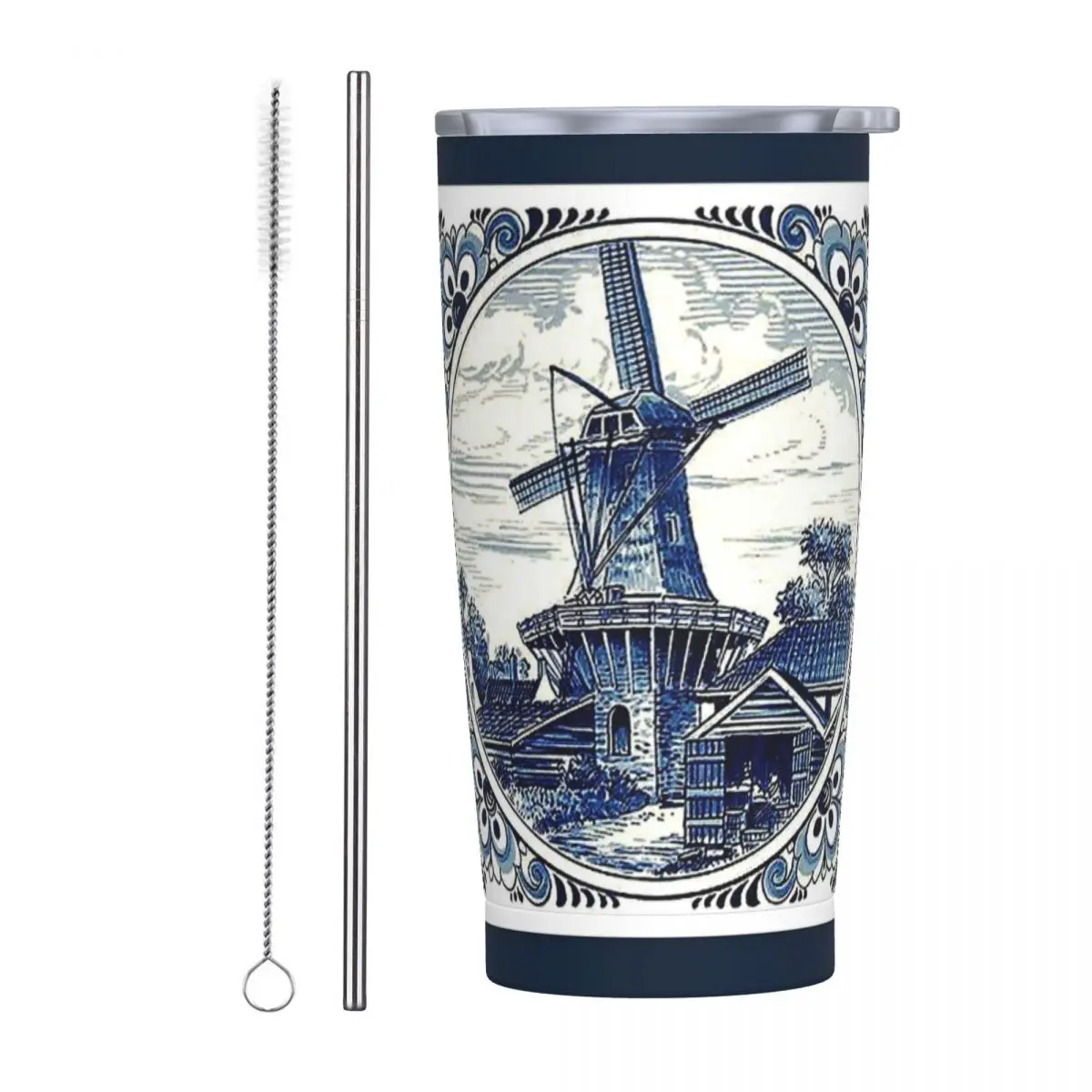 DUTCH BLUE DELFT Vintage Windmill Print Stainless Steel Tumbler Vacuum Insulated Mug Thermal Cold Cups Straw With Lid 20oz