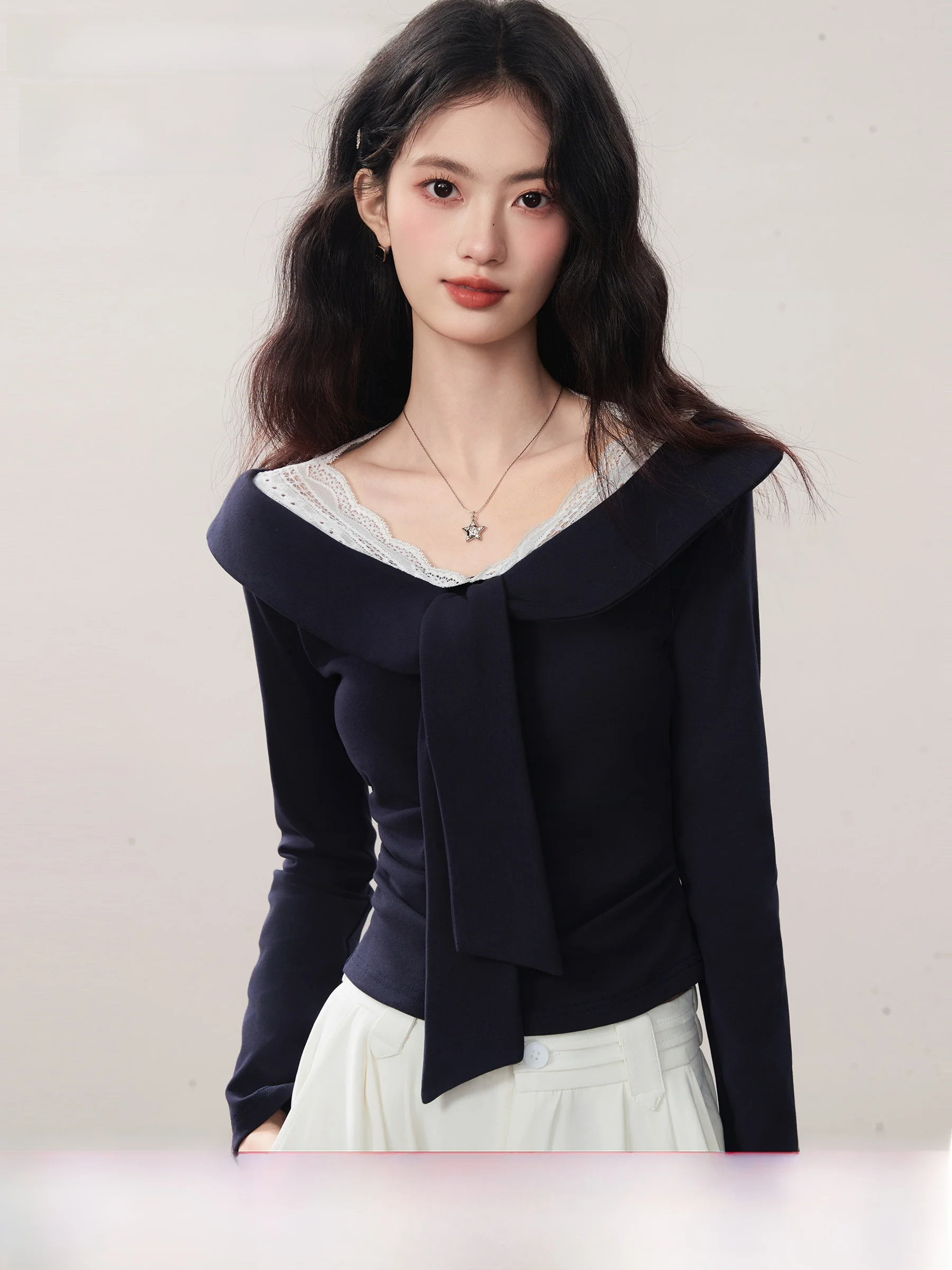 

Linjou Long Sve Lace ort Ne T-irt Women's Sle Casual Fit Knitted Cotton Polyester Blend Breathable Home Wear