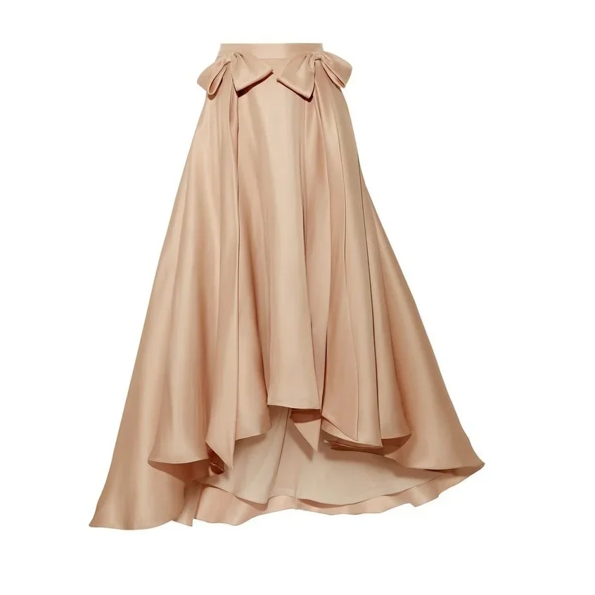 

HOBBY Champagne Satin Skirt Pleated Long Skirt A-Line High Waist Bow High Low Skirt Soft Smooth Silk Office Lady Skirts Women Sk