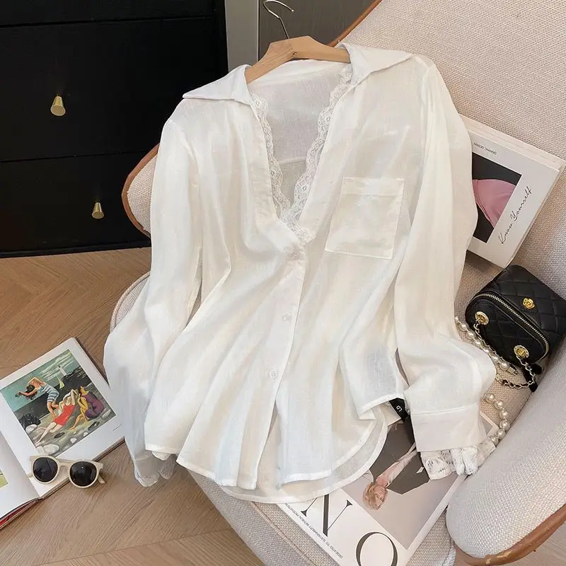 White Fake Two-piece Lace Patchwork Loose Trend Blouse Women Clothing Spring Autumn Thin Temperament Shirt Tops Fashion Elegant