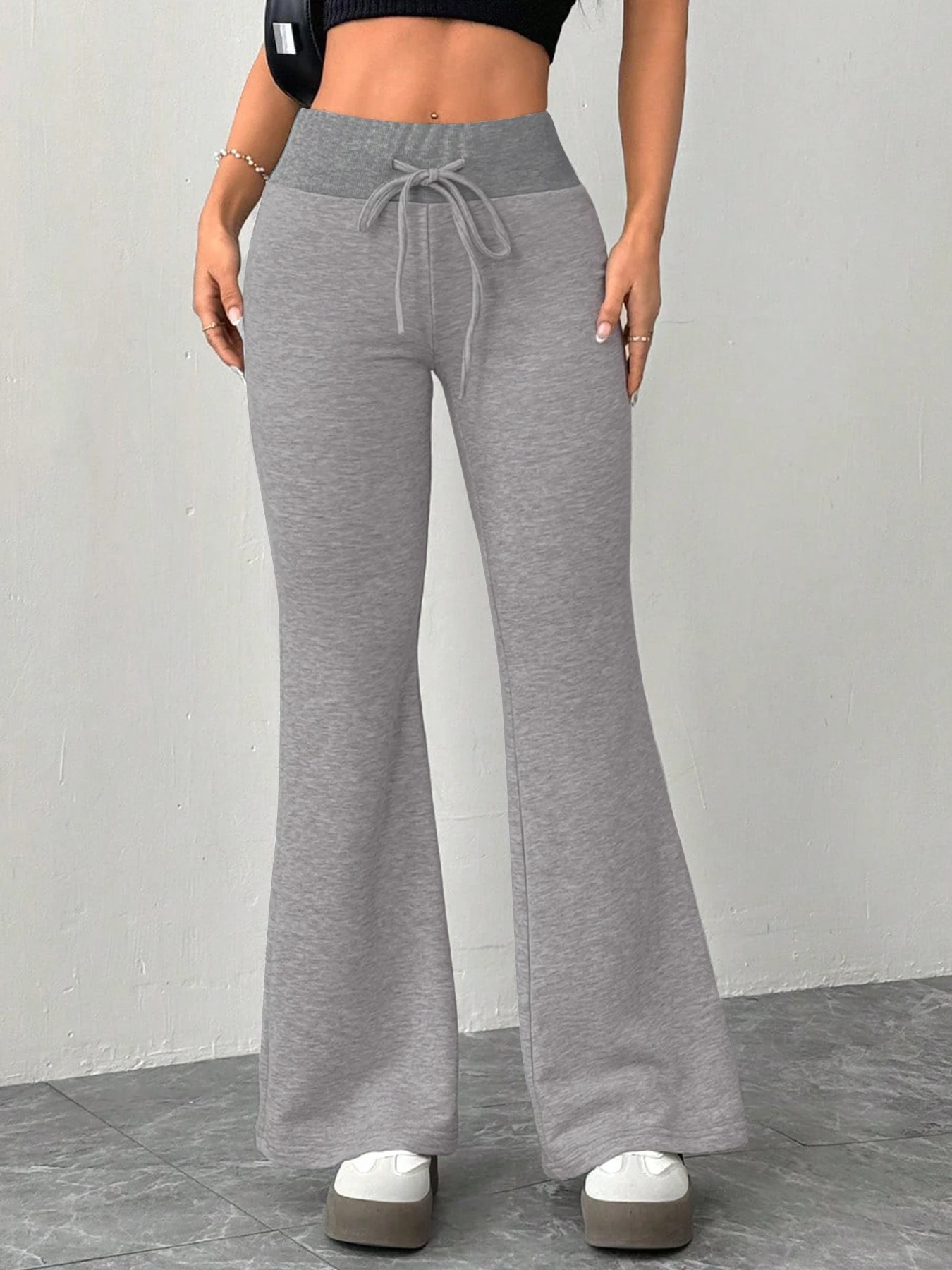 AODEBIAO Grey Pants Women Summer Sexy Slim Basic Solid Lace-up High Waist Flare Pants Women Fashion Casual New Trousers Female