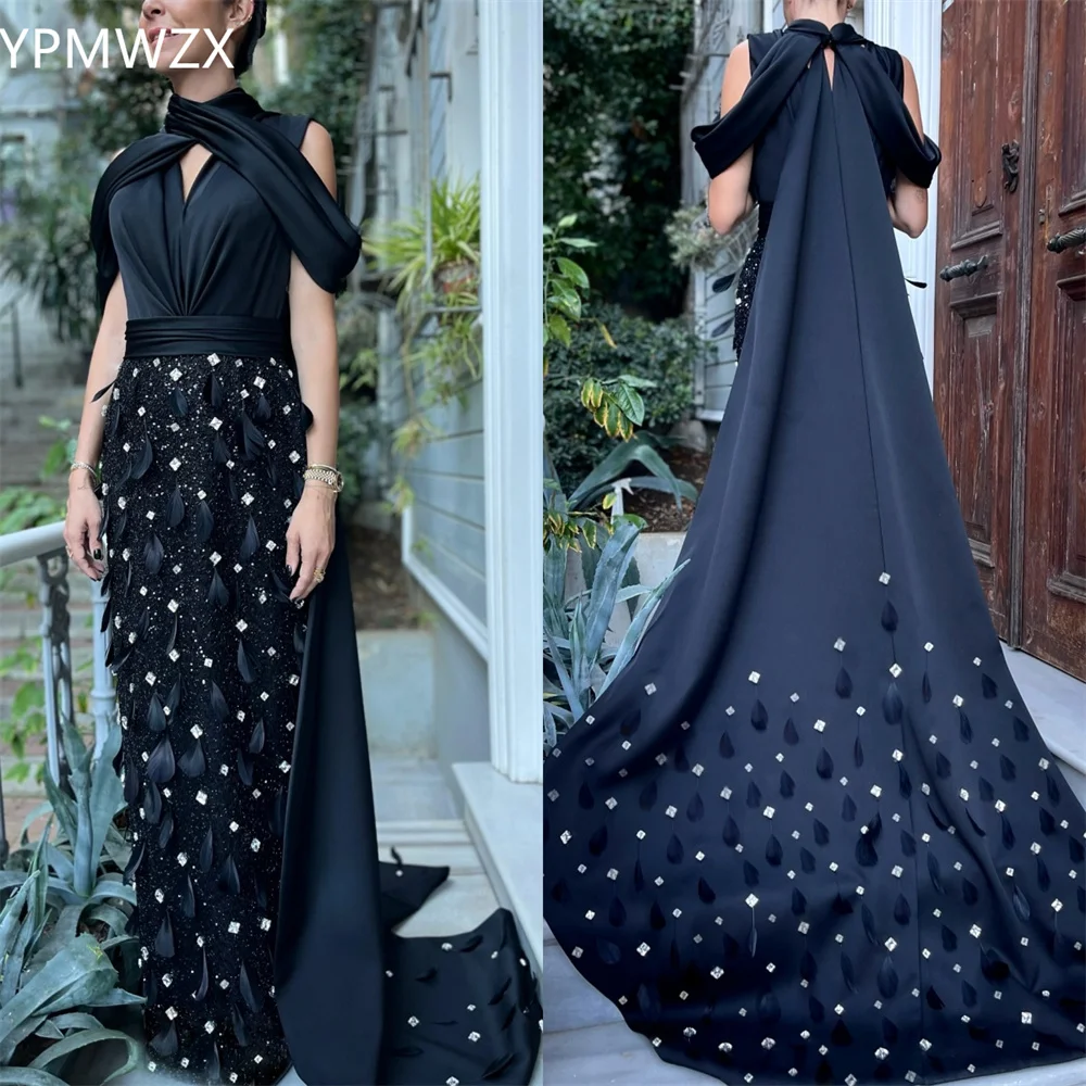 

Customized YPMWZX High Collar Column Floor length Skirts Ruffle Applique Bead Bespoke Occasion Dresses
