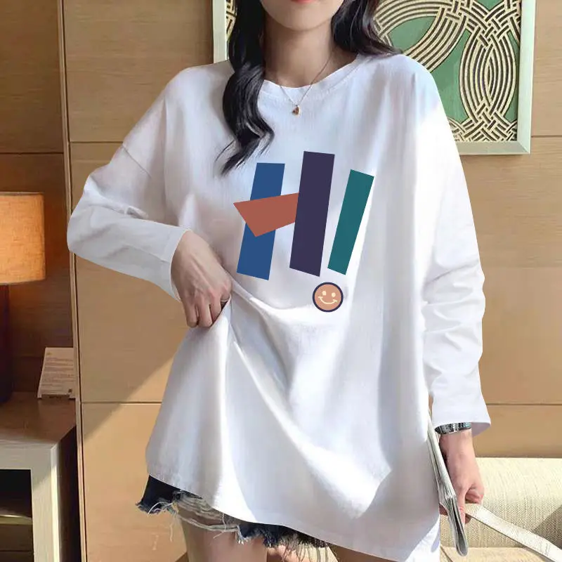 

Autumn White Letter Printing Long Sleeve T-shirt for Women 2023 New Simple Casual Loose Cotton Pullovers