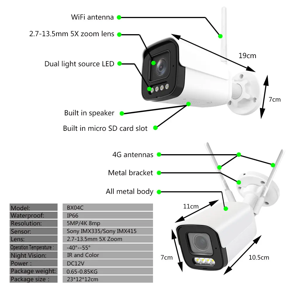 RU.3G 4G SIM Card So-ny415 4K 8MP 5MP Wireless Security Bullet kамера Wifi 5X Zoom Two Way Audio Outdoor IR&Color Night Version