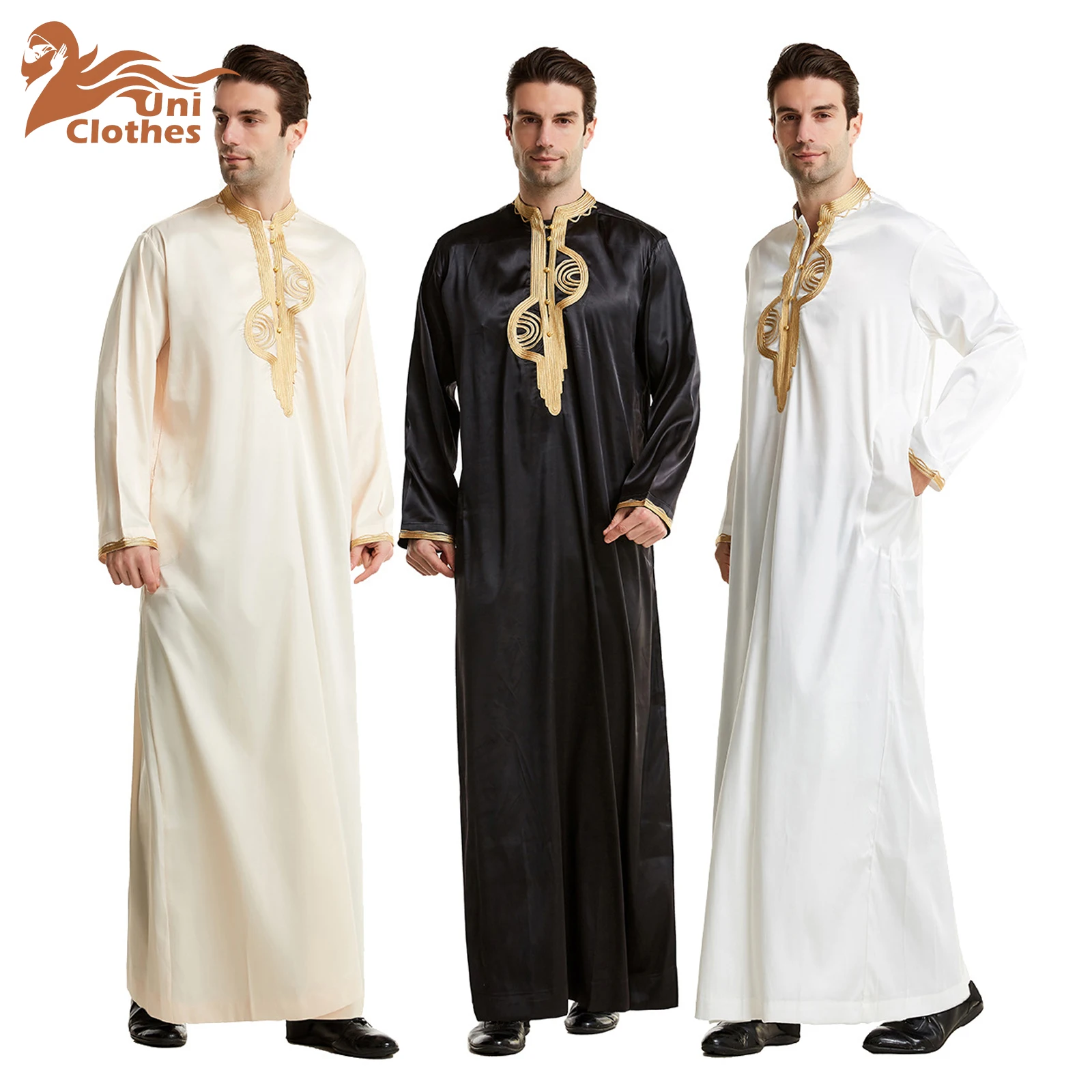 Uni moda muçulmano abaya árabe médio oriente roupas dubai saudita masculino bordado robe árabe vestido de cor sólida índia