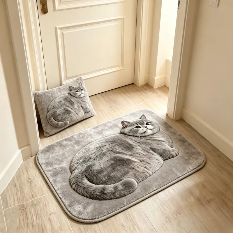 VIKAMA 3D Cute British Shorthair Cat Doormat Non Slip Washable Pet Style Bathroom Entrance Floor Mat Home Decor