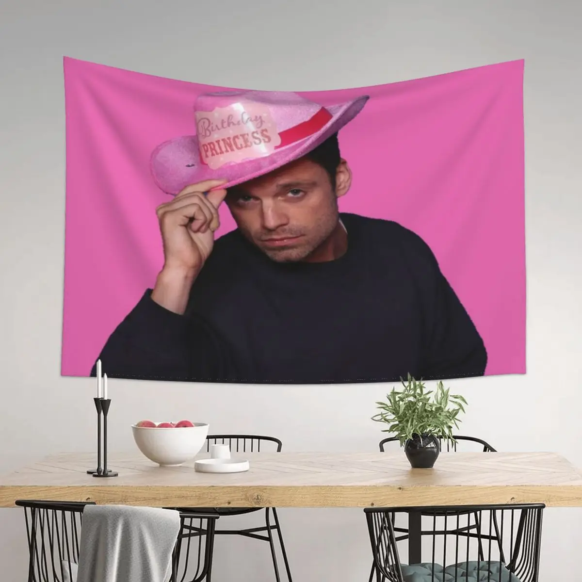 

Yes Haw! Sebastian Stan with pink Birthday Princess Cowboy Hat Tapestry Wall Decorations Decor Home Tapestry
