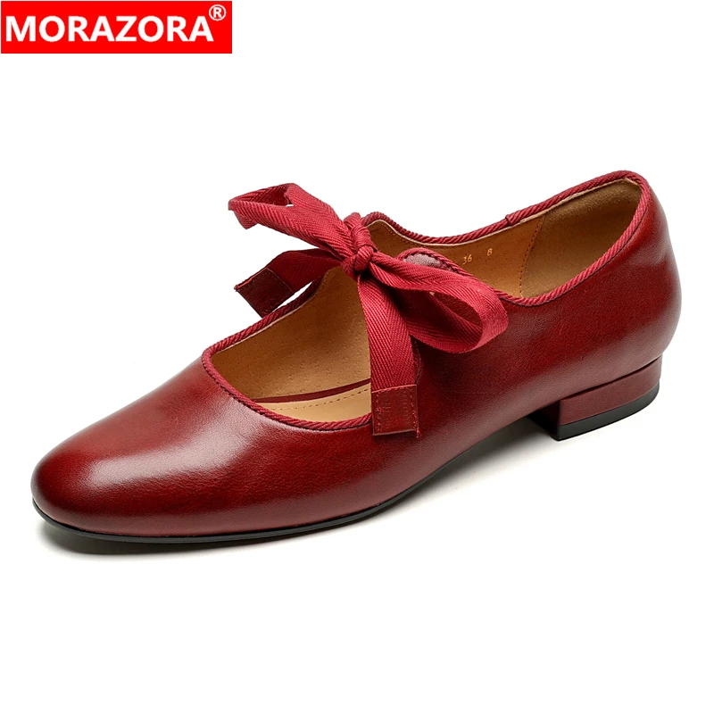 MORAZORA 2025 New Genuine Leather Shoes Mary Janes Lace Up Solid Color Black Brown Low Heels Spring Summer Ladies Office Shoes