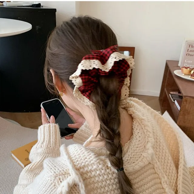 Retro czerwona seria krata Bowknot pluszowe gumki do włosów kobiety delikatne gumki do włosów guma uchwyt na kucyk gumka akcesoria do włosów