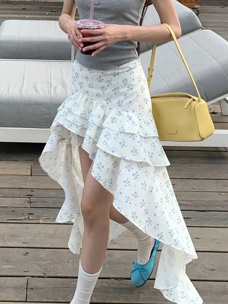 Jmprs Sexy Irregular Floral Long Skirt Women Vintage Casual Elegant Ruffles Skirts Sweet French Retro Slim Female Summer Skirts