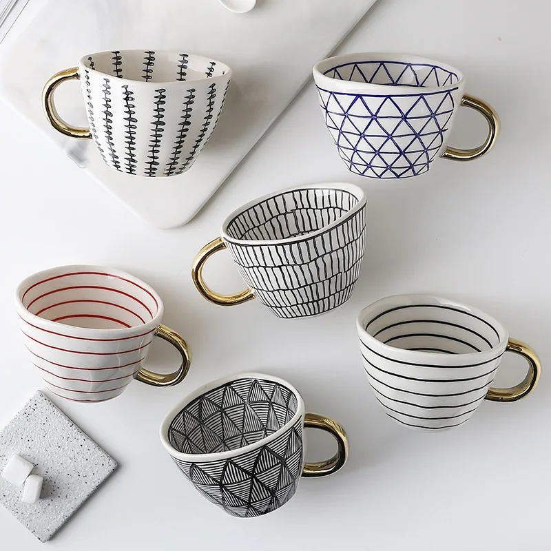 Hand Painted Ceramic Coffee Mug Nordic Handmade Irrgeular Geometric Cups for Milk Tea Large Size Breakfast Cup Birthday Gift