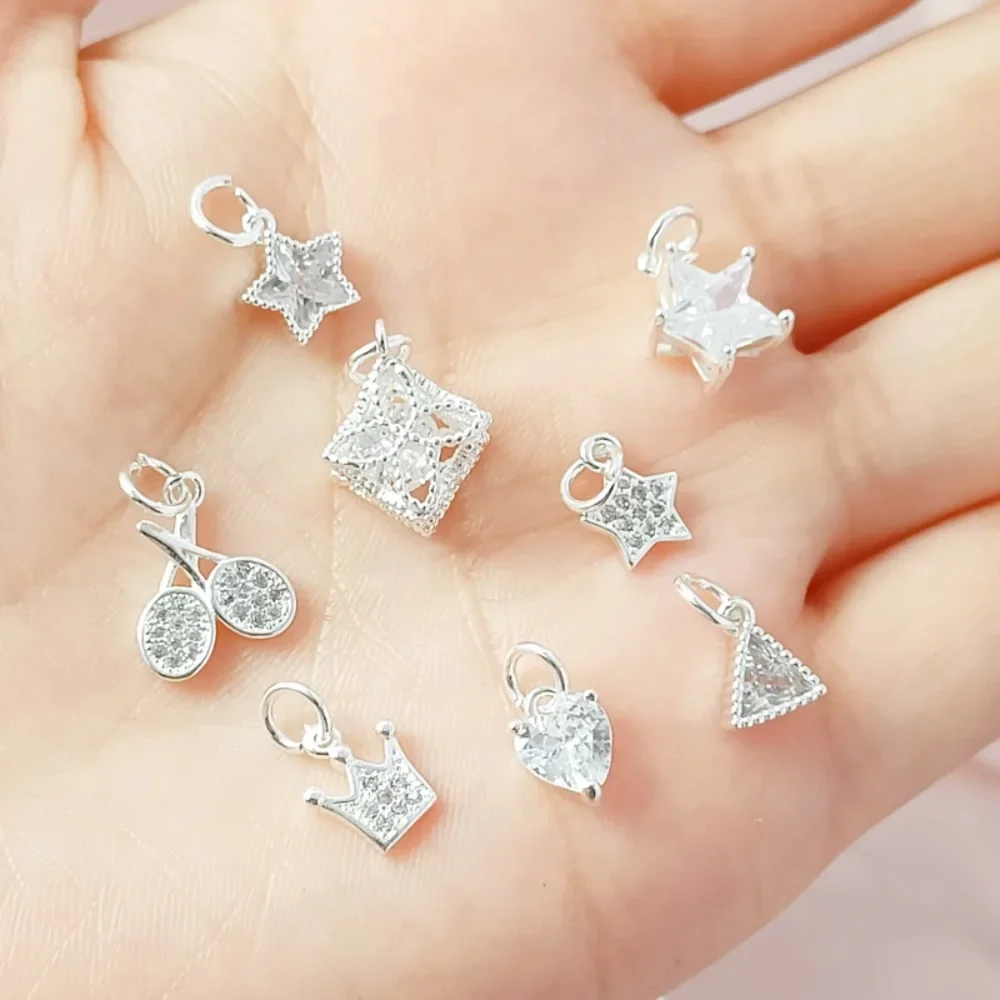 Silver Micro-inlaid Zircon Five-pointed Star Triangular Cherry Heart Square Crown Pendant DIY Handcrafted Pendant