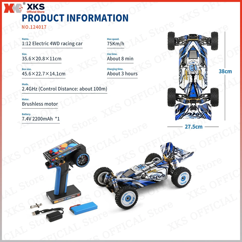 XKS WLtoys124017 V8 RC Camion Scala 1/12 4WD Fuoristrada Auto telecomandata Ad alta velocità 75 km/h Drift Veicolo giocattolo per ragazzi Regalo per bambini