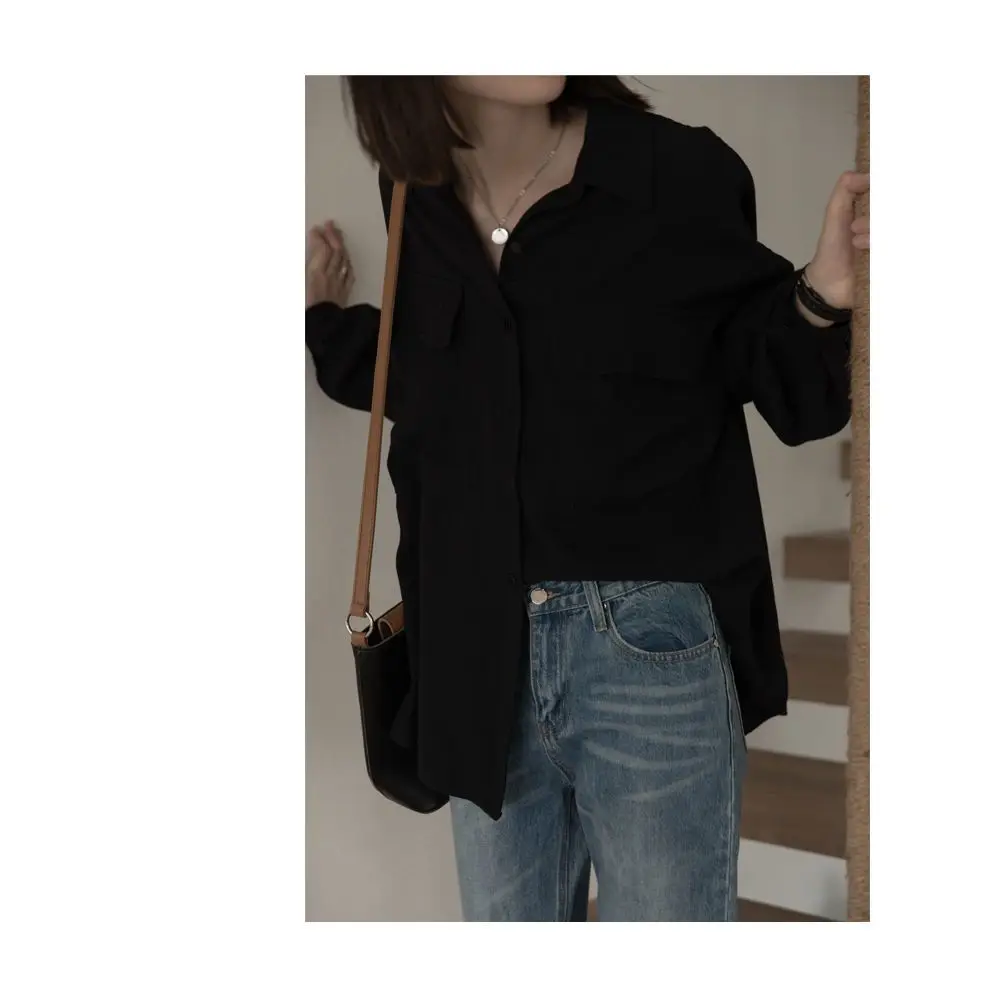 Woman\'s Clothing Spring and Autumn Loose OL Fashion Leisure Retro All-match Ins Long Sleeve Shirt Tops Outerwear Black Casual