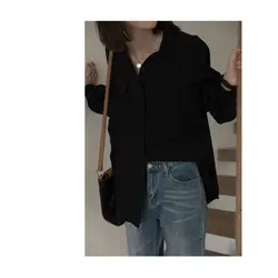 Woman's Clothing Spring and Autumn Loose OL Fashion Leisure Retro All-match Ins Long Sleeve Shirt Tops Outerwear Black Casual