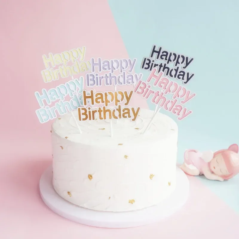 10pcs Chroma Happy Birthday Cake Topper Pink Cake Decorating Supplies Golden Kids Cupcake Topper Boy or Girl Baby Shower Party