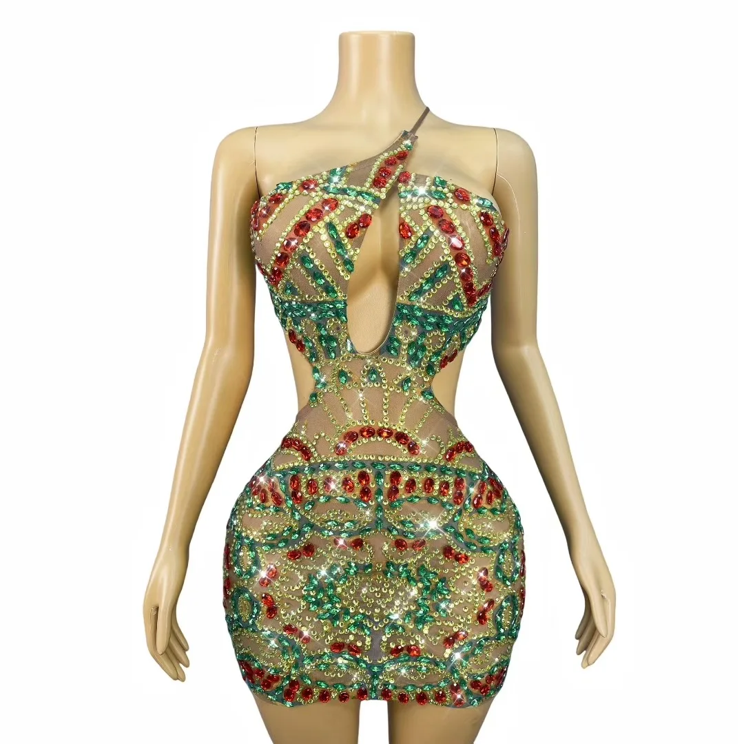 سباركلي الراين مثير قطع شبكة انظر من خلال فستان قصير المرأة الفاخرة عيد ميلاد فساتين الحفلات المسائية ملهى ليلي المرحلة الزي