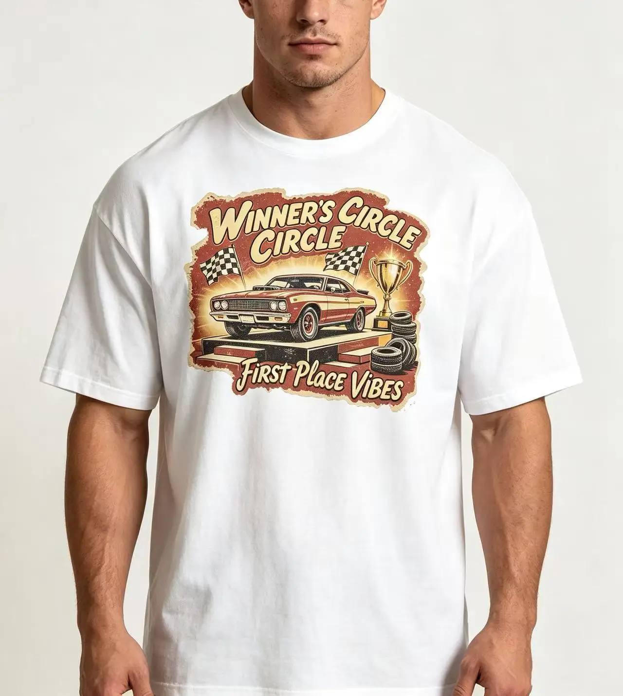 Unisex Winner's Circle First Place Vibes Retro Classic Race Car Trophy Checkered Flag Graphic T Shirt Men Women Motorsport Print Oversized Tee
