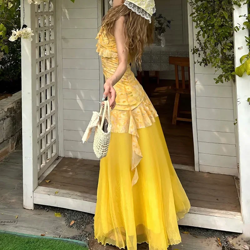 French Sweet And Spicy Yellow Floral Print Asymmetrical V-neck Strap Dress High Waist Mesh Half Skirt Puffy Skirt Polyester Fibe