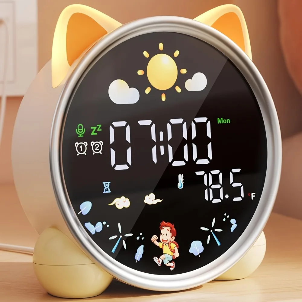 Kids Alarm Clock Ready to Rise Children's Sleep Trainer Night Light Sound Machine Cute Cat Design Fun to Wake for Toddlers Gift