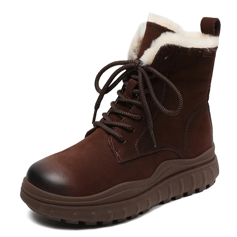 Women's Genuine leather Snow Boots Women's thick-soled Warm Cotton Boots 2024 winter head layer cowhide boots Vintage