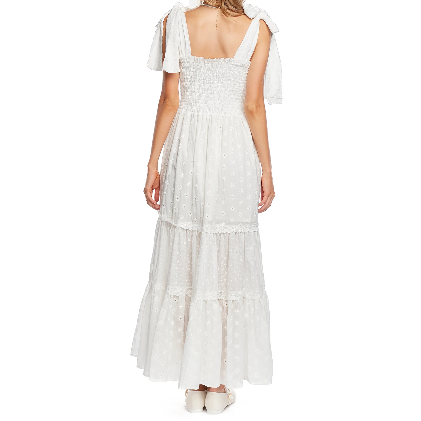 Abito ricamato con spalle scoperte vintage da donna Abito estivo senza maniche con collo quadrato e occhielli Abito lungo smock da spiaggia