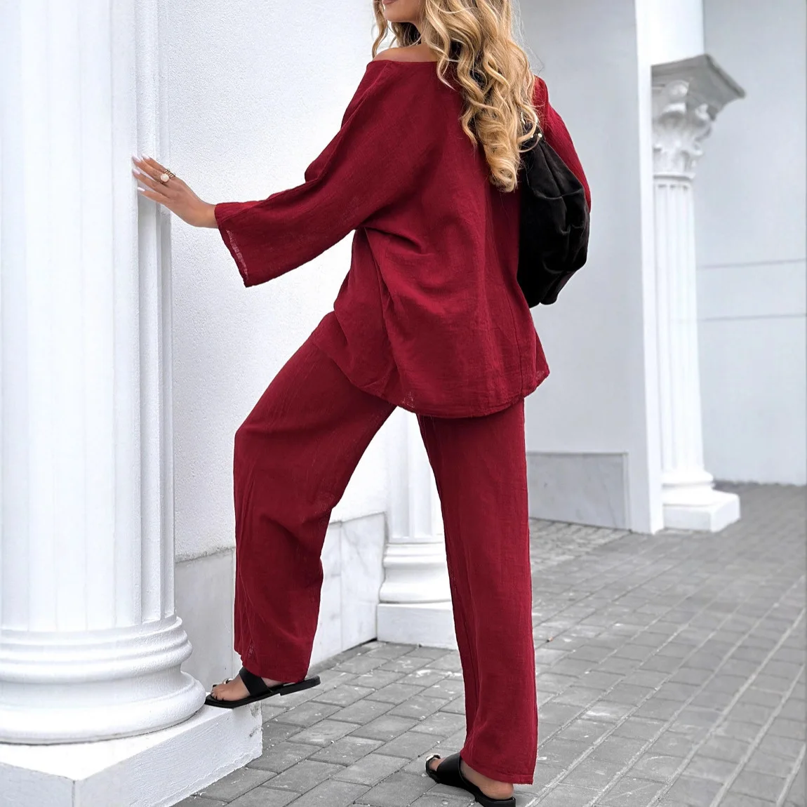 Two Pieces Women Pants Sets Casual Matching Set Solid Round Neck Three Quarter Sleeve Top Drawstring Pant Loose Fit 2025 Autumn