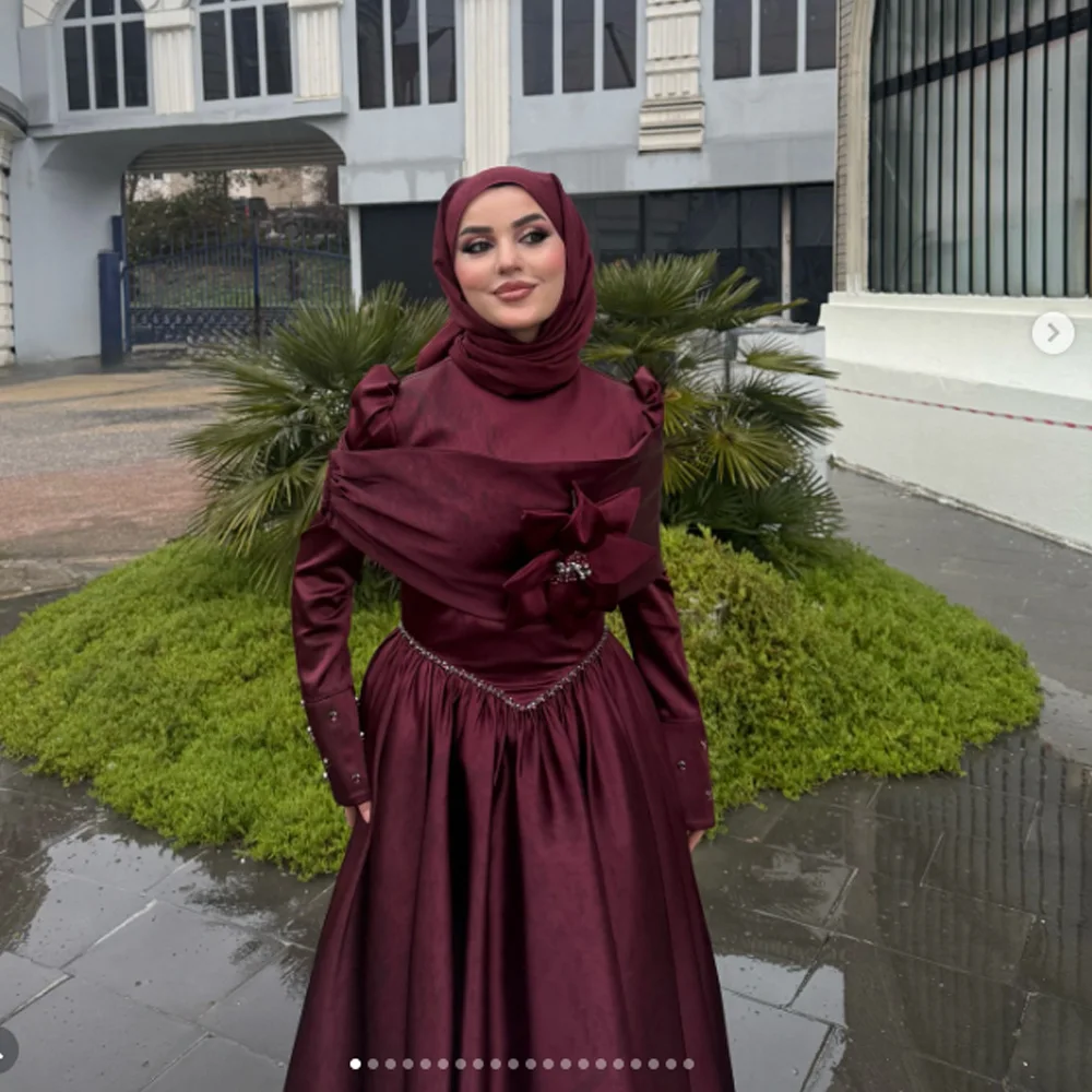 

Customized Burgundy Satin Formal Dress Long Sleeve Beaded Hijab Evening Gown Women's Muslim Prom Wedding Guest Dress